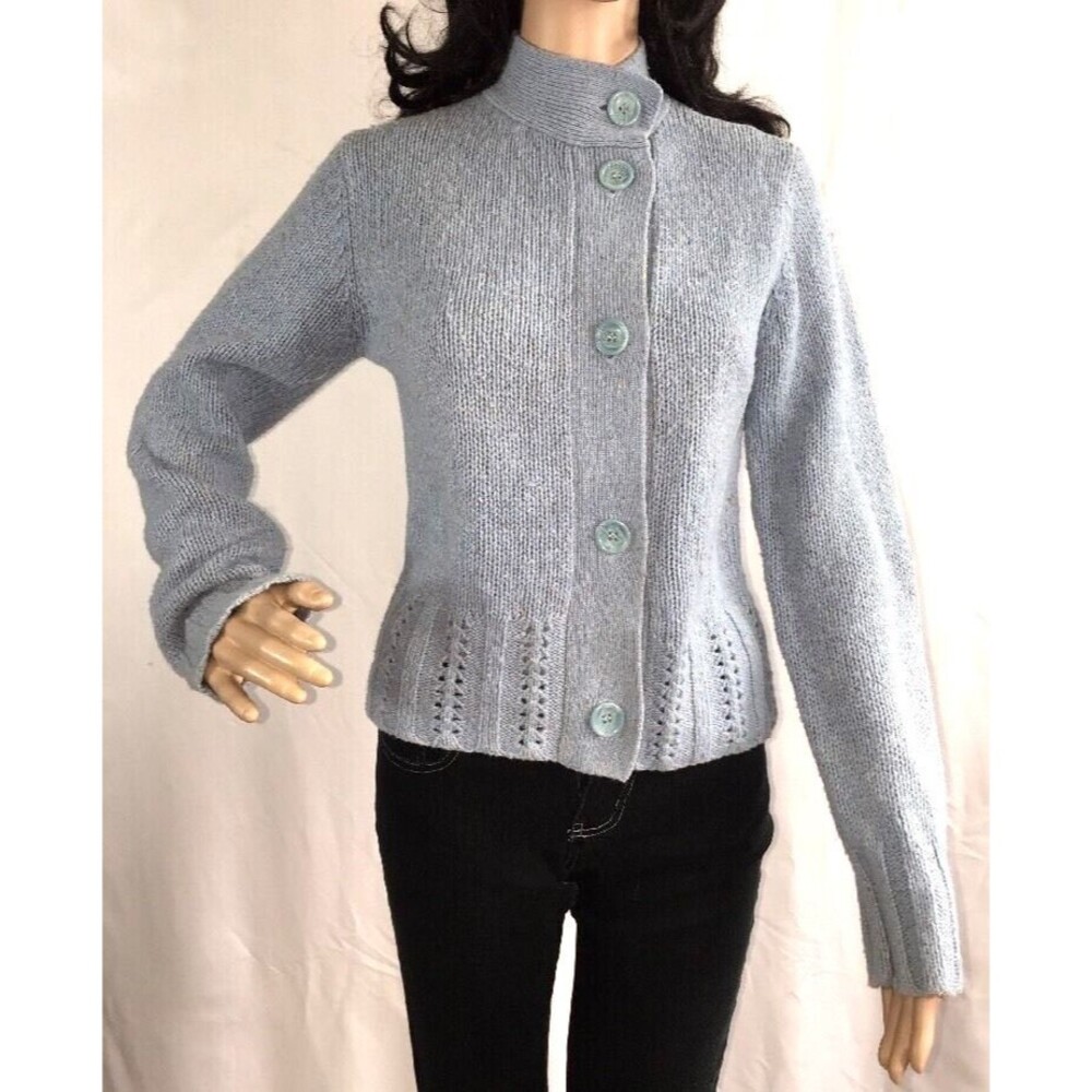 Rosanna Cardigan Sweater Flecked Blue Wool Blend Warm Knit
